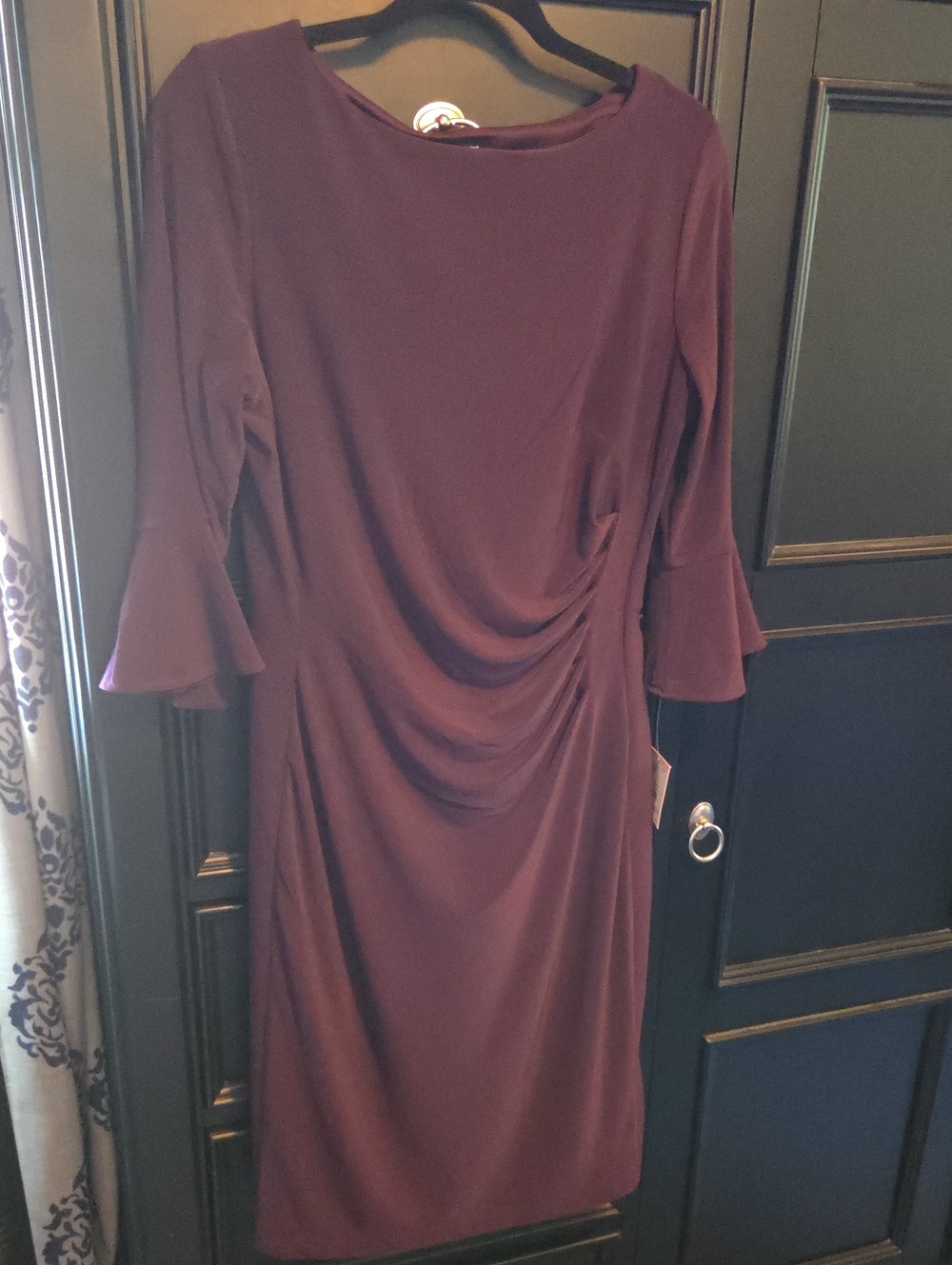 NWT Anne Klein Womens Eggplant Ruched Midi Dress with Flounce Sleeves - Size 10
